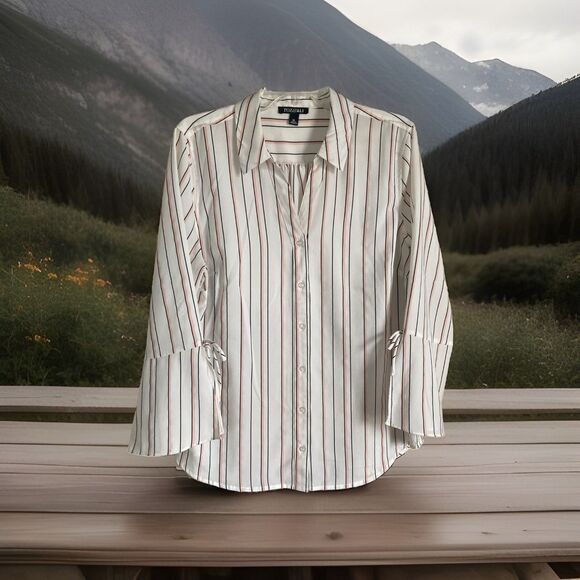 Roz & Ali Tops - Roz & Ali Top XL Striped White Pink Flared Sleeves Lightweight Button Front